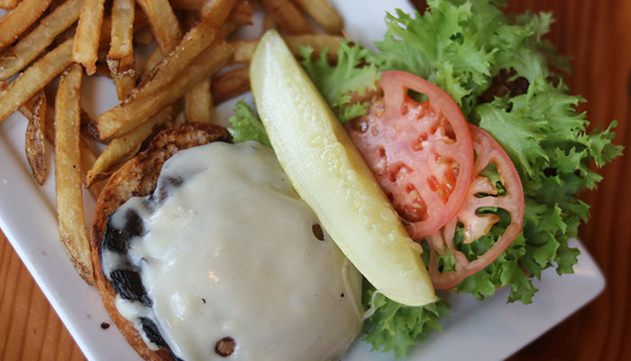 Black bleu burger served at Appleton Beer Factory brewery and brew pub restaurant bar Black bleu burger served at Appleton Beer Factory brewery and brew pub restaurant bar