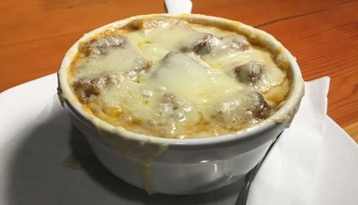 French onion soup served at Appleton Beer Factory brewery and brew pub restaurant bar French onion soup served at Appleton Beer Factory brewery and brew pub restaurant bar